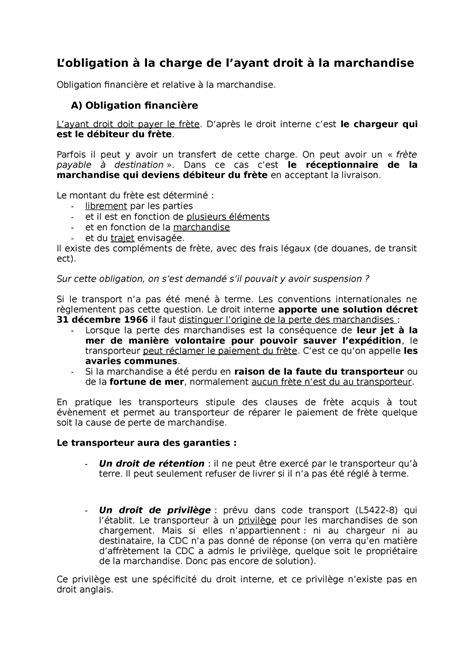 Lobligation à La Charge De Layant Droit à La Marchandise A