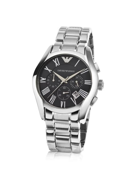Emporio Armani Mens Black Dial Stainless Steel Chrono Watch In Silver