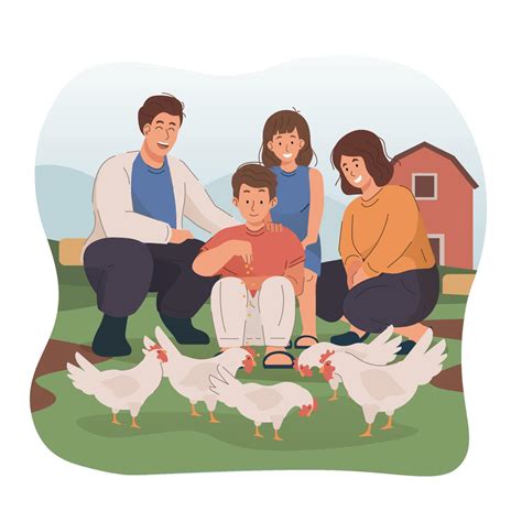 Parents And Their Children Feeding Chickens In The Farm 21651489 Vector