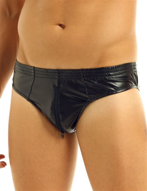 Men Faux Leather Lingerie Zipper Crotch Bikini Thongs Boxer Shorts