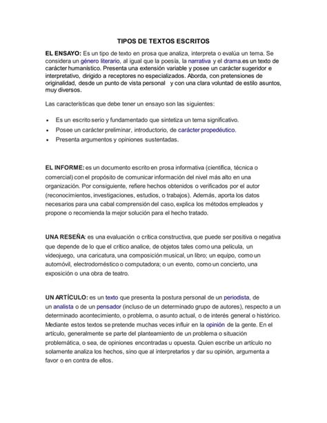 Tipos De Textos Escritos Pdf