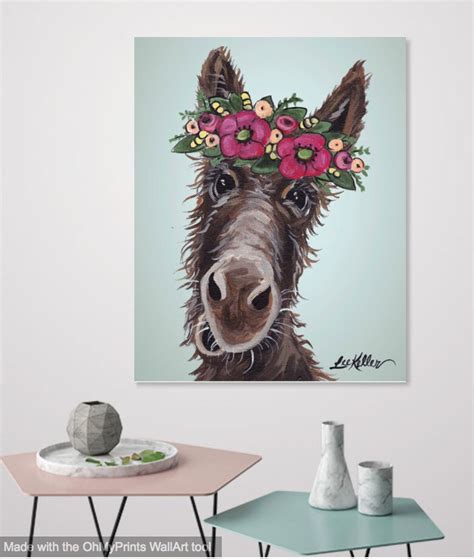 Donkey Art Print Donkey Flower Crown Decor Donkey Canvas Etsy