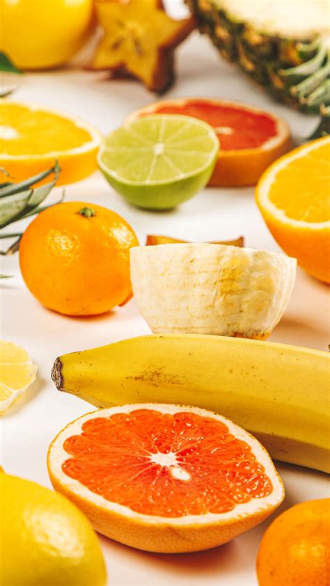 Download Wallpaper 2160x3840 Fruit Orange Banana Lemon Pineapple