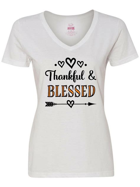 Inktastic Thanksgiving Greeting Thankful Blessed Womens V Neck T Shirt
