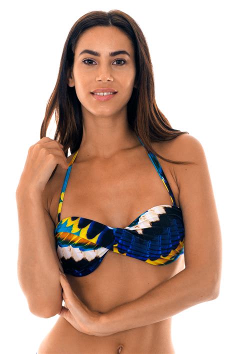 Feather Printed Twisted Bandeau Top With Cups Soutien Cocar Torcido