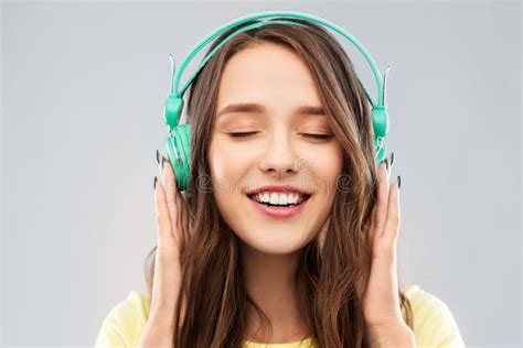 Happy Young Woman Or Teenage Girl With Headphones Stock Image Image