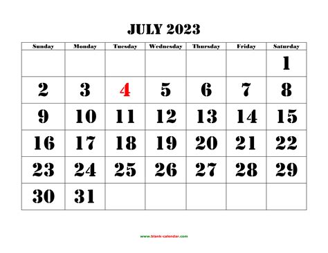 High Resolution July 2023 Calendar Printable