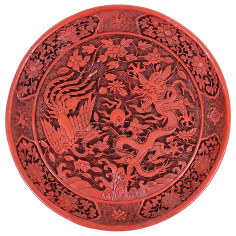 Chinese Qing Style Cinnabar Carved Plate With Dragon And Phoenix