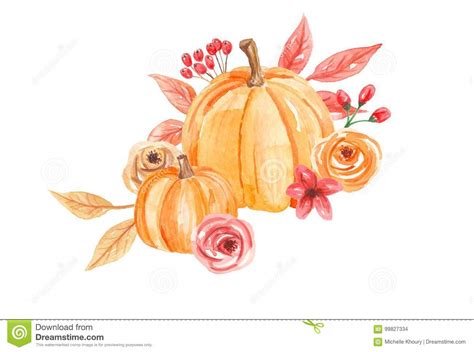 Watercolor Pumpkins Flowers Hand Painted Fall Autumn