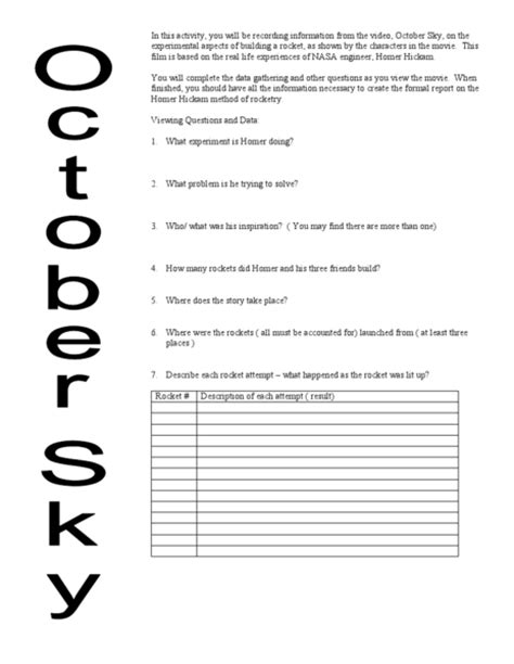 October Sky Experimental Design Worksheet For 9th 12th Grade