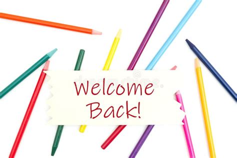 Welcome Back Message On Wood Sign With Colored Watercolor Pencils Stock