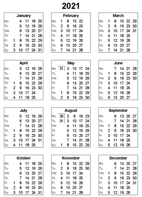 2021 Yearly Calendar Free Printable 2021 Calendar With Holidays