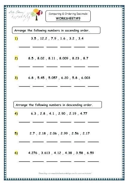 Comparing Decimals Worksheet 5th Grade