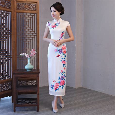 New White Chinese Vintage Sexy Satin Cheongsam Women Print Slim Ankle Length Dress Lady Novelty