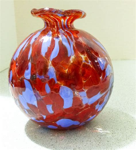 End Of Day Spatter Ware Red Blue Clear Hand Blown Art Glass Round Bud