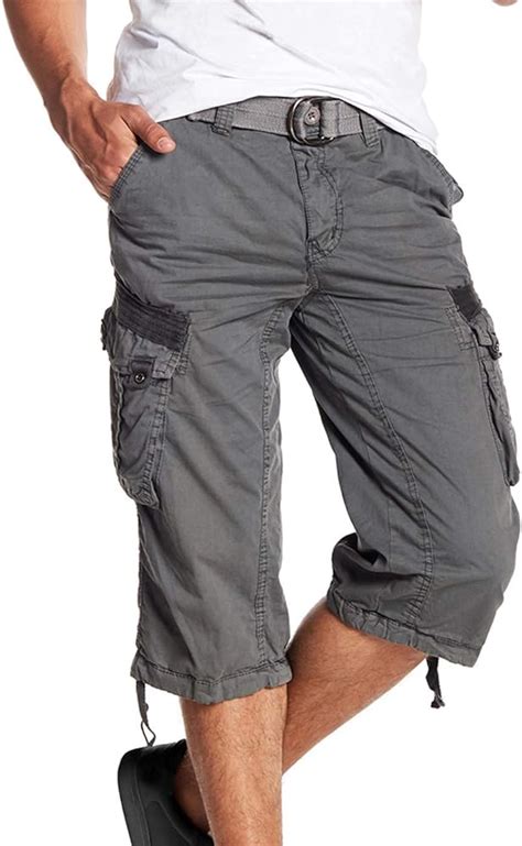 mens belted tactical cargo long shorts 18 inseam below knee length multi pocket 3 4 capri pants