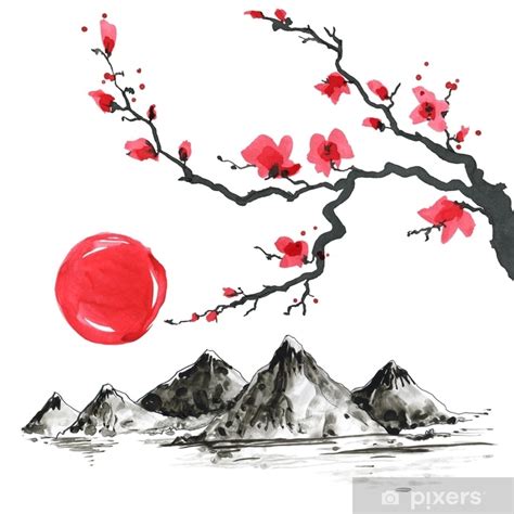 Póster Rama De árbol En Estilo De Pintura Japonesa Ilustración De