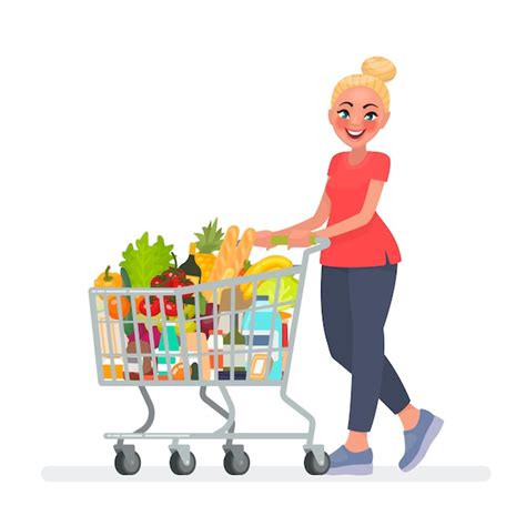 Mujer Lleva Un Carrito De Supermercado Lleno De Comestibles En El