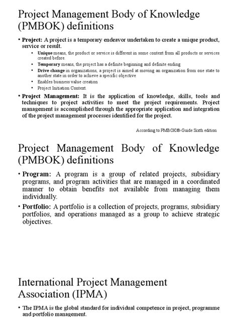 Project Management Body Of Knowledge Pmbok Definitions According To