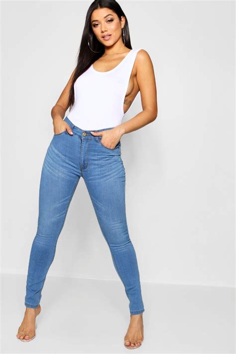 high rise 5 pocket skinny jeans boohoo in 2020 skinny jeans blue skinny jeans women denim