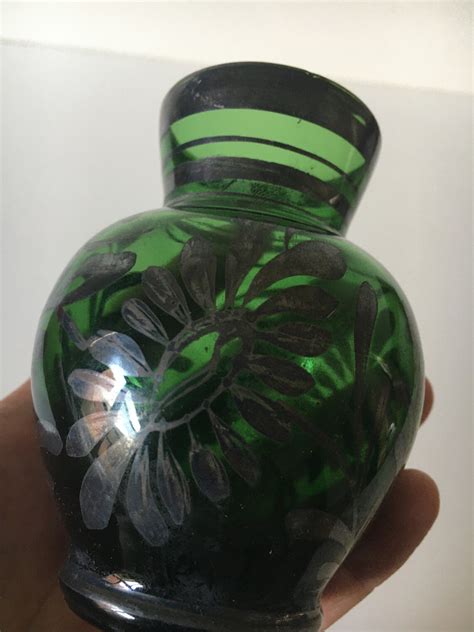 Emerald Green Glass Small Vase W Silver Overlay 4 Art Etsy