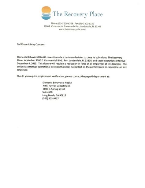 The Recovery Place Closing Letter