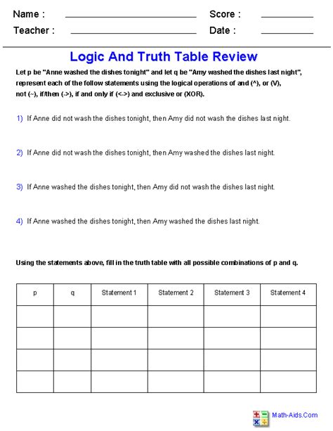 Logic Truth Tables Worksheet