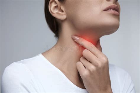 Sore Throat Closeup Beautiful Woman Hands And Neck Throat Pain Stock