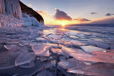 Broken Ice At Sunset Baikal Lake Olkhon Island Siberia Russia