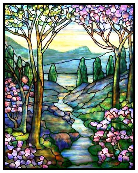 A view to nature is at the center of this stained glass window. Mountain and Stream Landscape detail inspired by Louis ...