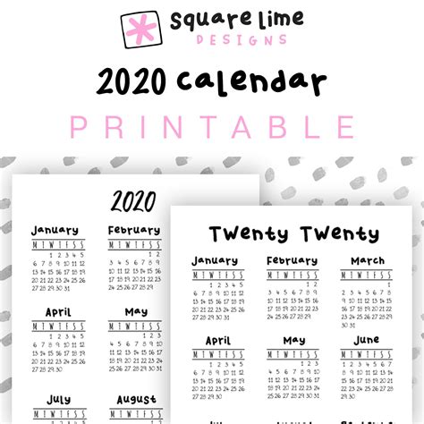 2020 Year At A Glance Printable Calendar Yearly Planner Etsy