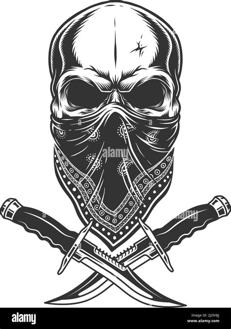 Vintage Monochrome Skull In Bandana With Crossed Knives Isolated Vector
