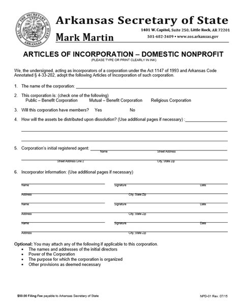 Free Arkansas Articles Of Incorporation Domestic Nonprofit Form Npd 01