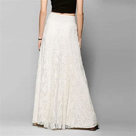 Fashion High Waist White Long Lace Skirts Hollow Out Lace A Line Maxi Women Elastic Waist