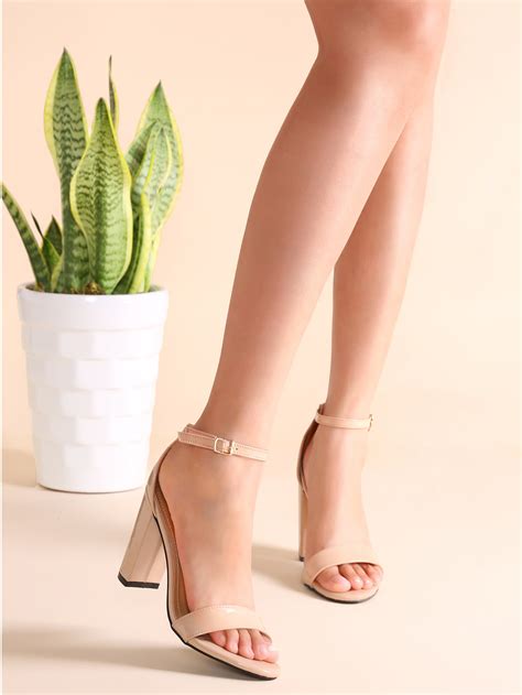 Nude Patent Leather Open Toe Ankle Strap Heeled Sandals Shein Sheinside