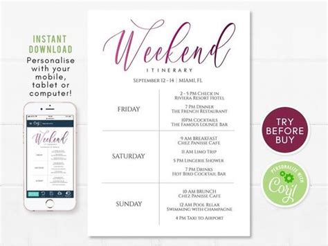 Weekend Itinerary Template Pink Printable Bachelorette Etsy