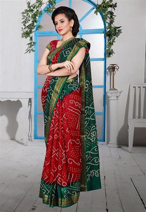 3824 Bandhej Printed Cotton Silk Saree In Red And Green F Embroidery Dress Girl Silk Saree