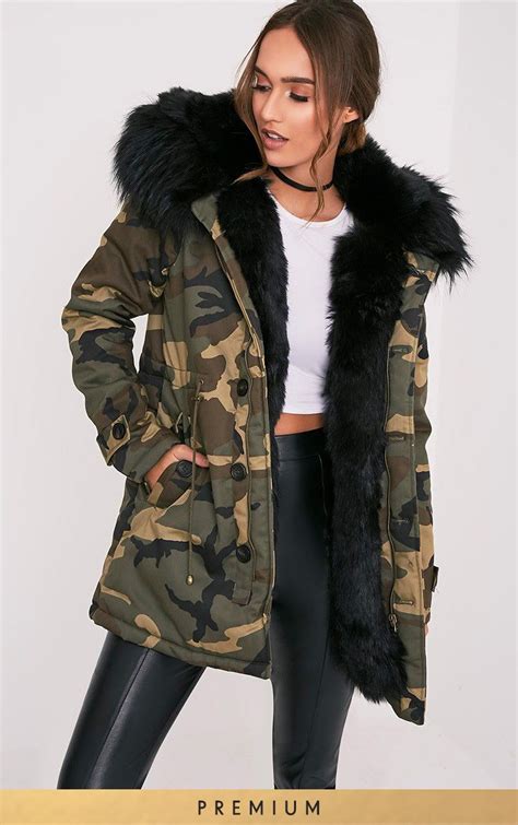Fliss Black Premium Camo Faux Fur Lined Parka Fur Hood Jacket Fur