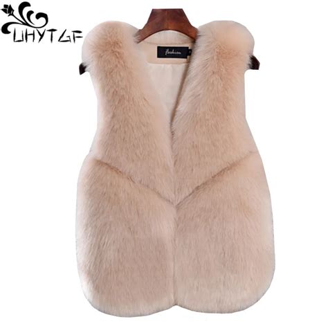 Uhytgf Faux Fox Fur Autumn Winter Fur Vest Waistcoat V Neck Solid Color