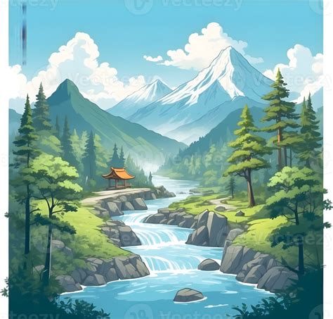 Ai Generated A Cartoon Mountain River With Trees And Rocks 35093707 Png