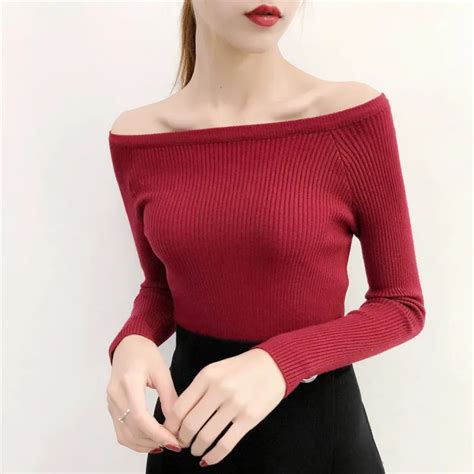 Winter Womens Knitting Sweater Sexy Slash Neck Knitted Pullover Sweaters Ladies Basic Cotton Top