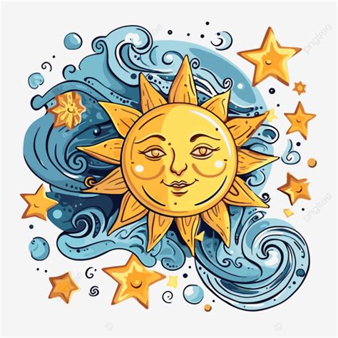 Sun Moon Star Clipart Drawing Sun With Stars And Waves Cartoon Vector