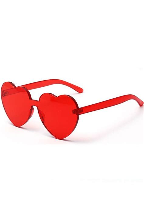Women Red Heart Shape Rimless Clear Sunglasses One Size Clear Sunglasses Heart Shaped