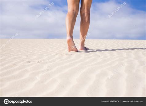 Vacation Nude Naturism Concept Legs Feet Walking Soft Sand Blue Stock