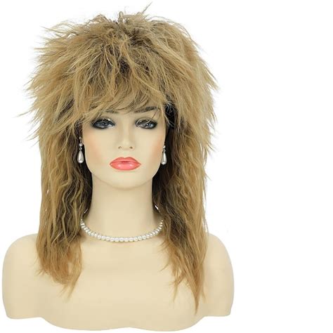 80s tina rock diva costume wig with necklace and earring for women big hair blonde 70s 80s