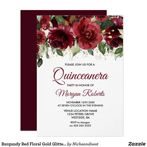burgundy red floral gold glitter quinceanera part invitation invitations quinceanera red flowers