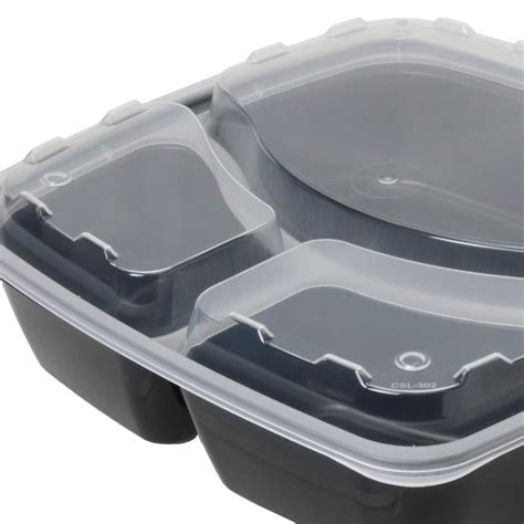 48 Oz 3 Compartment Square Plastic Food Container With Lid Vents Black Base Clear Lid