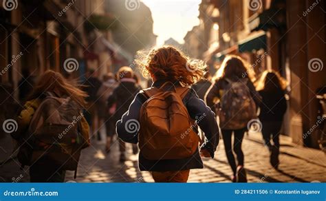 Kids With Backpacks Running To The School Stock Illustration