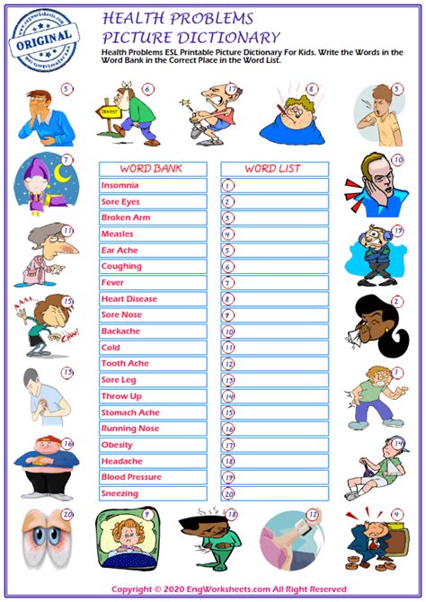 Health Problems Printable English Esl Vocabulary Worksheets