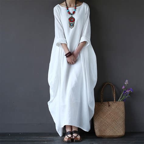 Cotton Linen White Maxi Dress Women Spring Summer Loose Plus Size Big